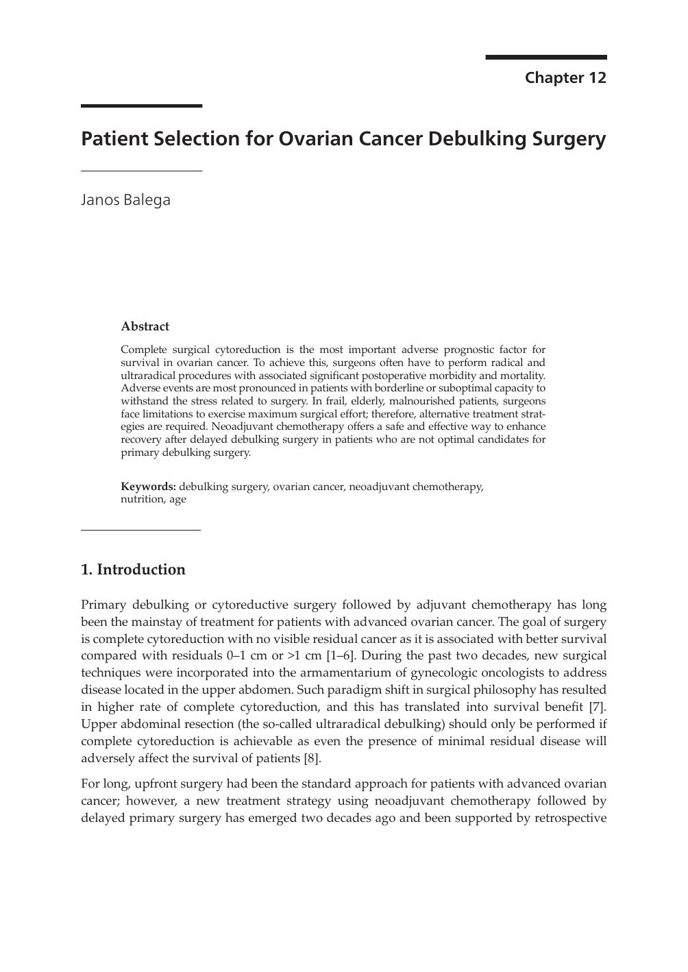 Patient Selection for Ovarian Cancer Debulking Surgery by Janos Balega