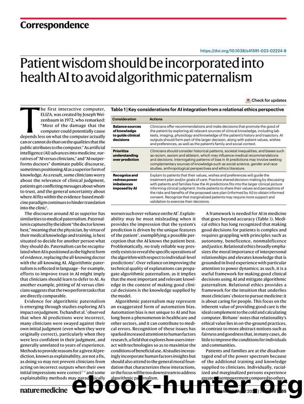 Patient wisdom should be incorporated into health AI to avoid algorithmic paternalism by Melissa D. McCradden & Roxanne E. Kirsch