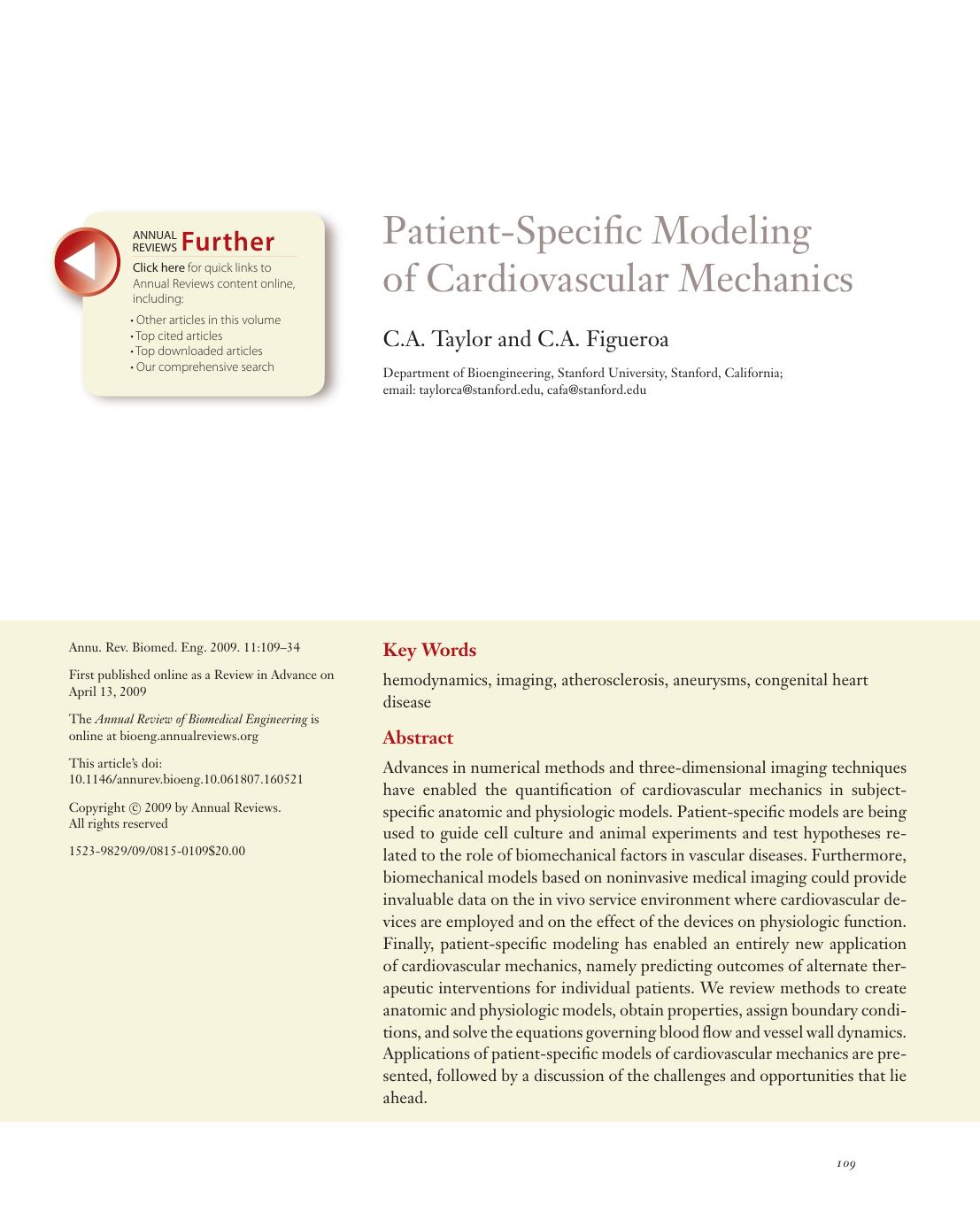 Patient-Specific Modeling of Cardiovascular Mechanics by C.A. Taylor and C.A. Figueroa
