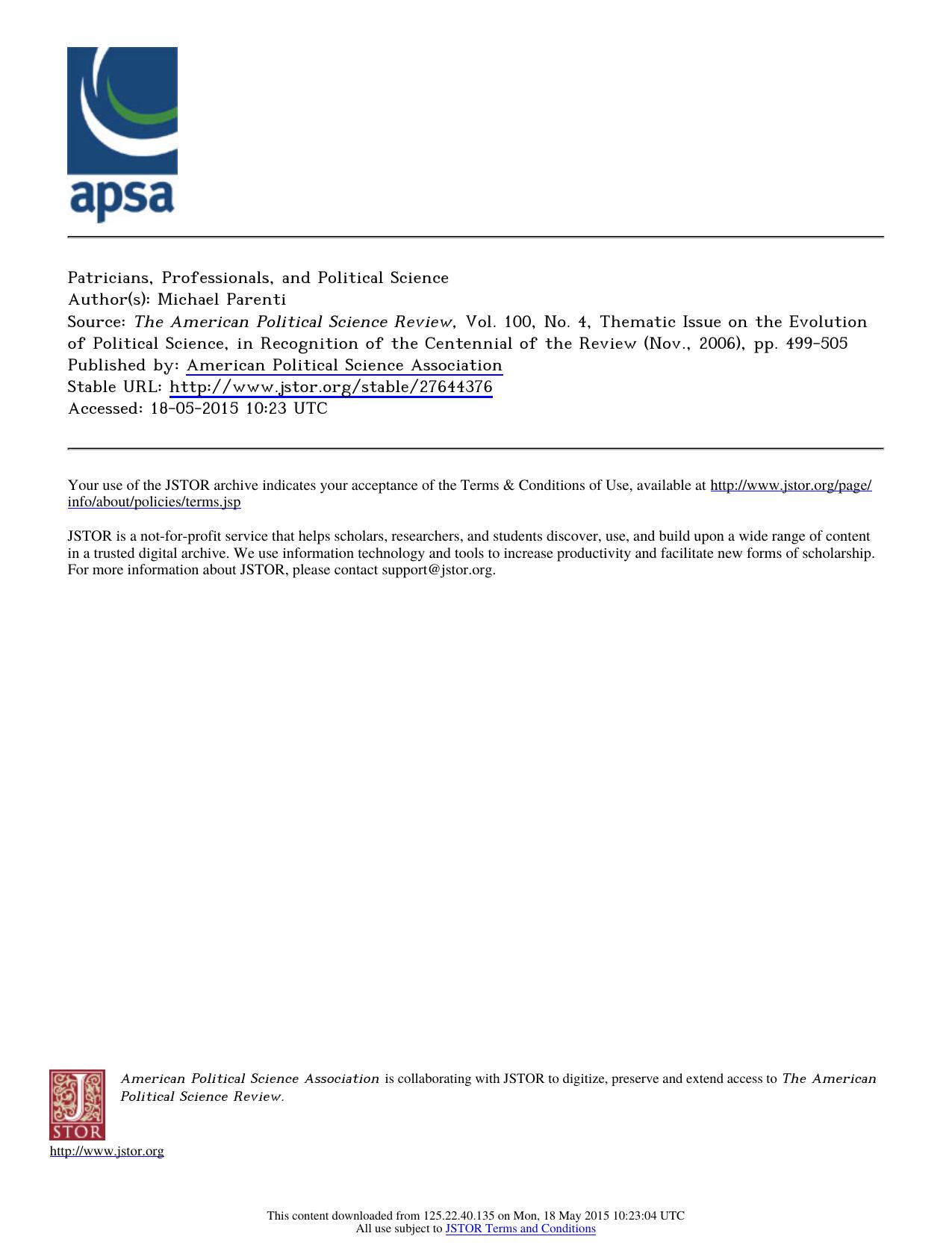 Patricians, Professionals, and Political Science by Unknown