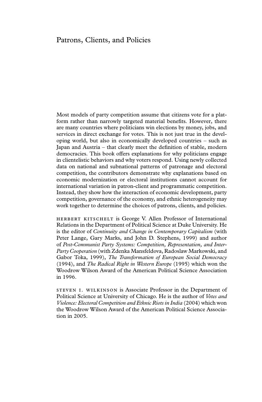 Patrons, Clients and Policies: Patterns of Democratic Accountability and Political Competition by Herbert Kitschelt Steven I. Wilkinson
