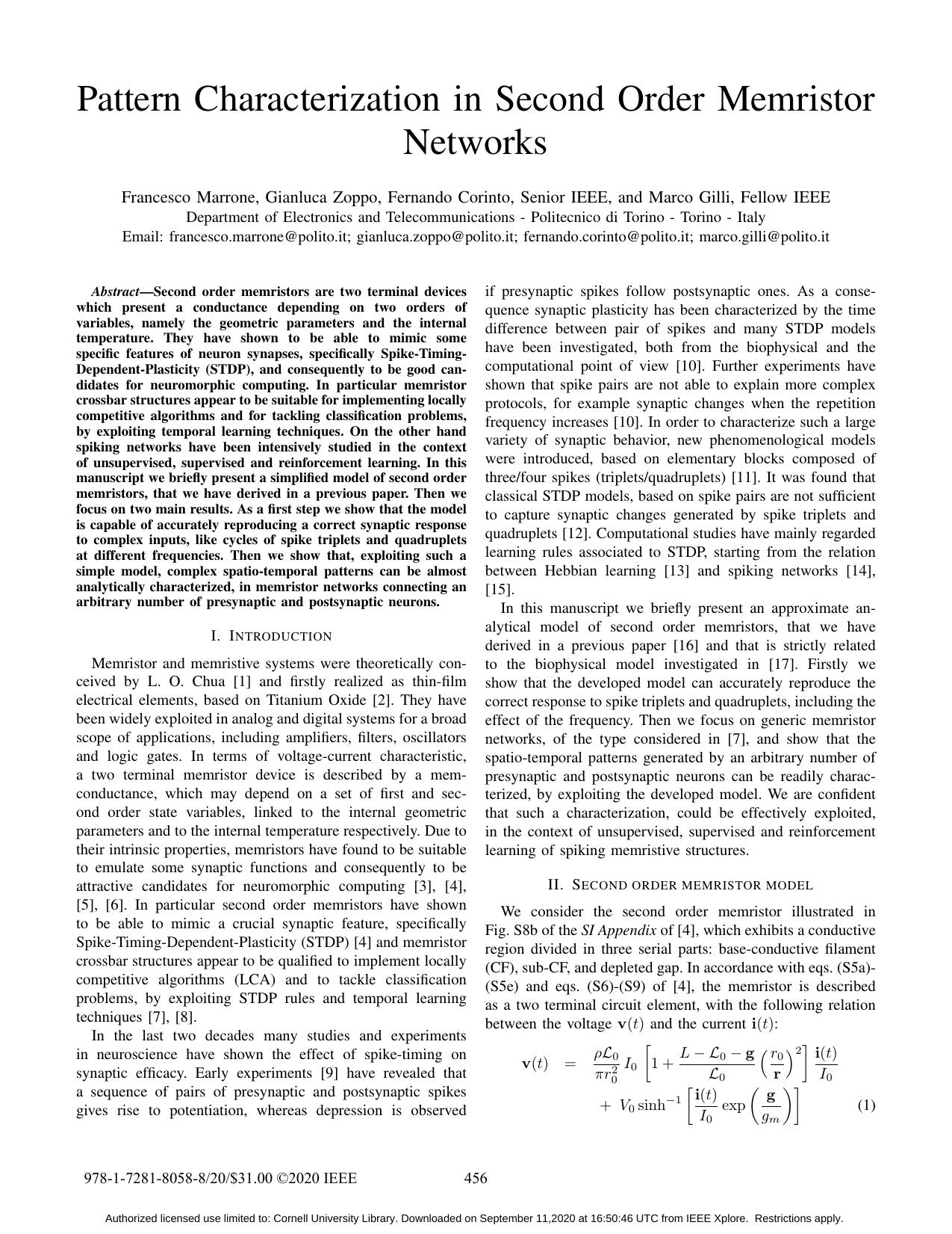 Pattern Characterization in Second Order Memristor Networks by Unknown