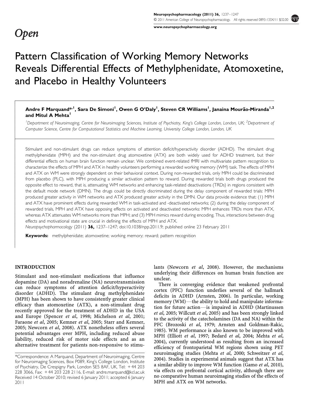 Pattern Classification of Working Memory Networks Reveals Differential Effects of Methylphenidate, Atomoxetine, and Placebo in Healthy Volunteers by unknow