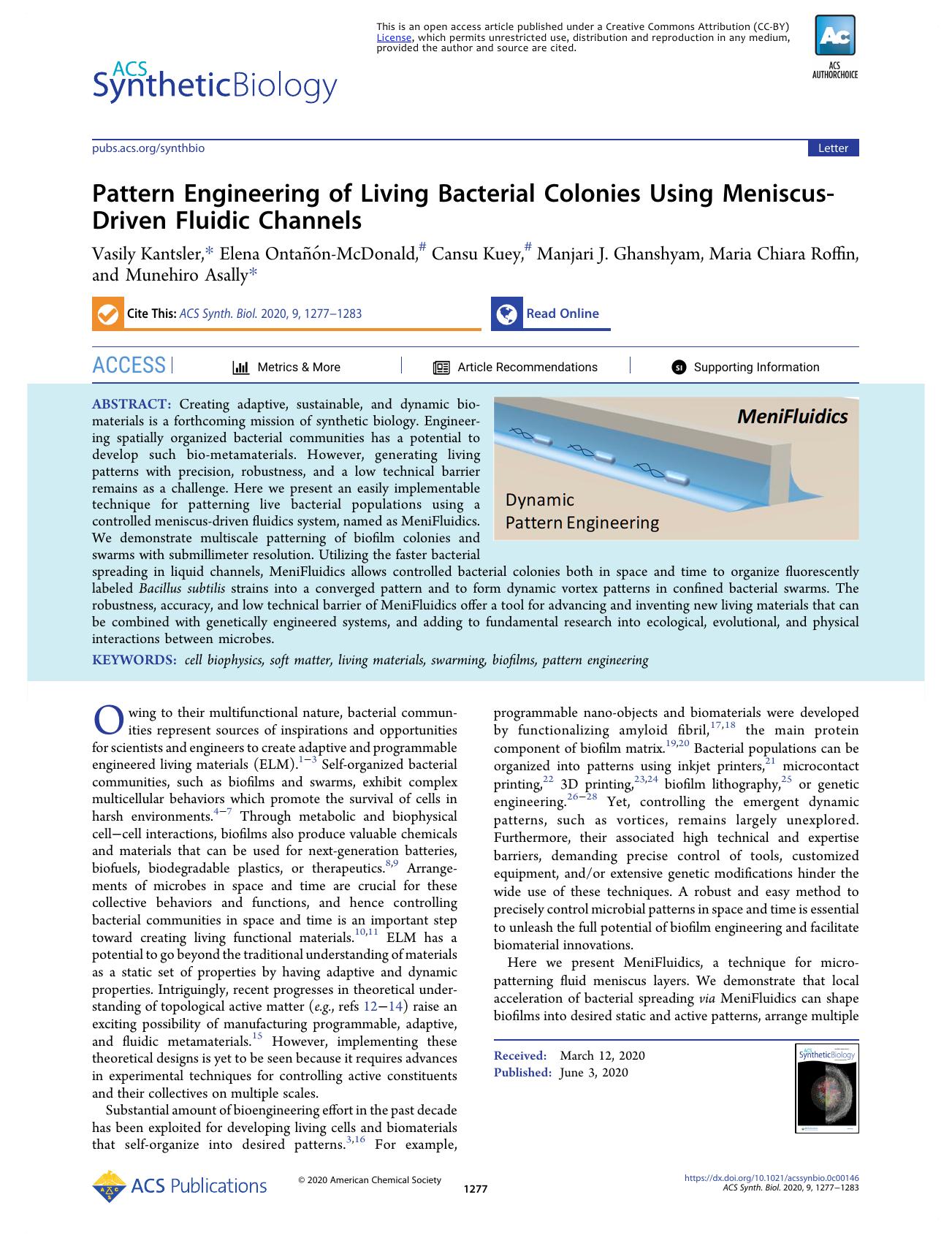 Pattern Engineering of Living Bacterial Colonies Using Meniscus-Driven Fluidic Channels by unknow