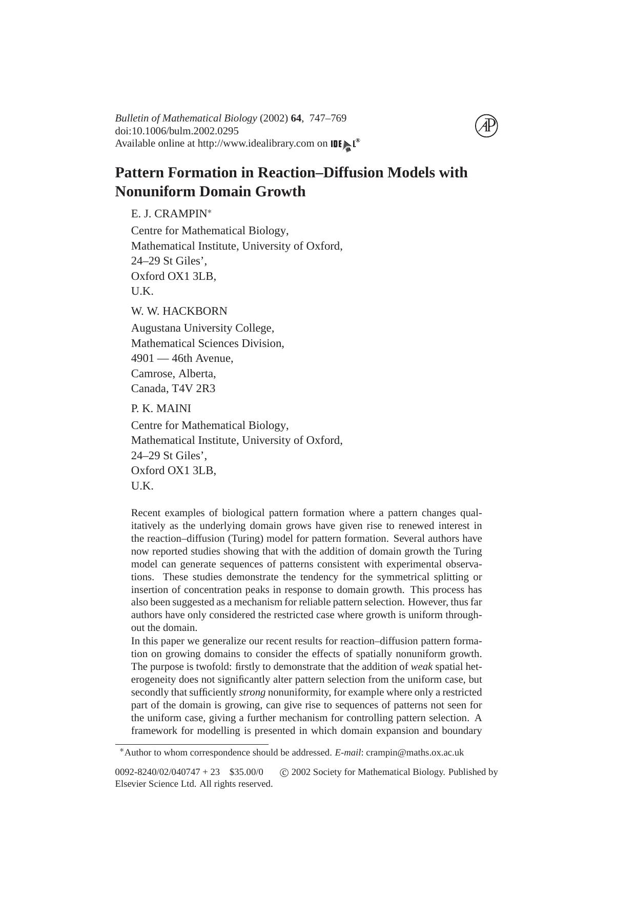 Pattern Formation in Reaction--Diffusion Models with Nonuniform Domain Growth by E. J. Crampin et al