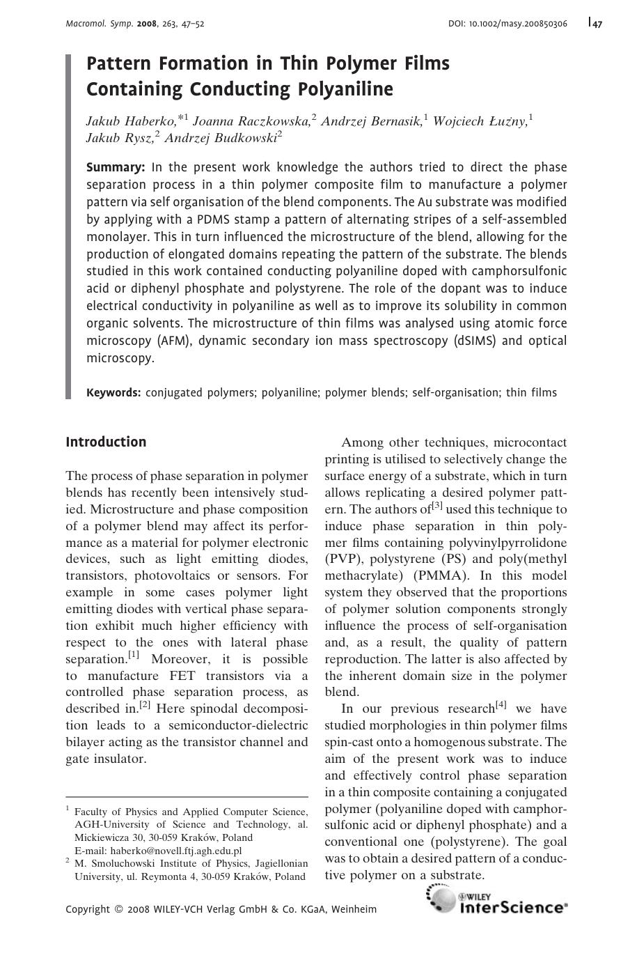 Pattern Formation in Thin Polymer Films Containing Conducting Polyaniline by Unknown