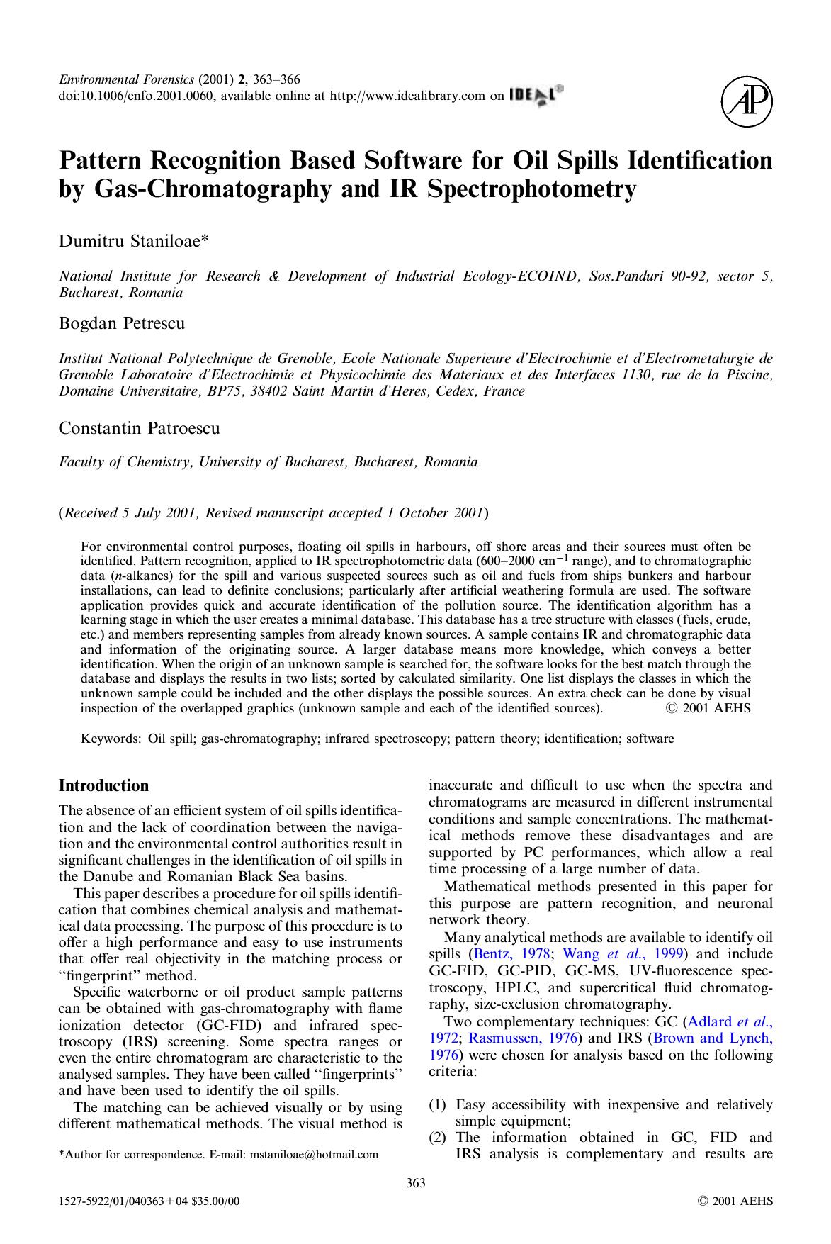 Pattern Recognition Based Software for Oil Spills Identification by Gas-Chromatography and IR Spectrophotometry by Dumitru Staniloae et al