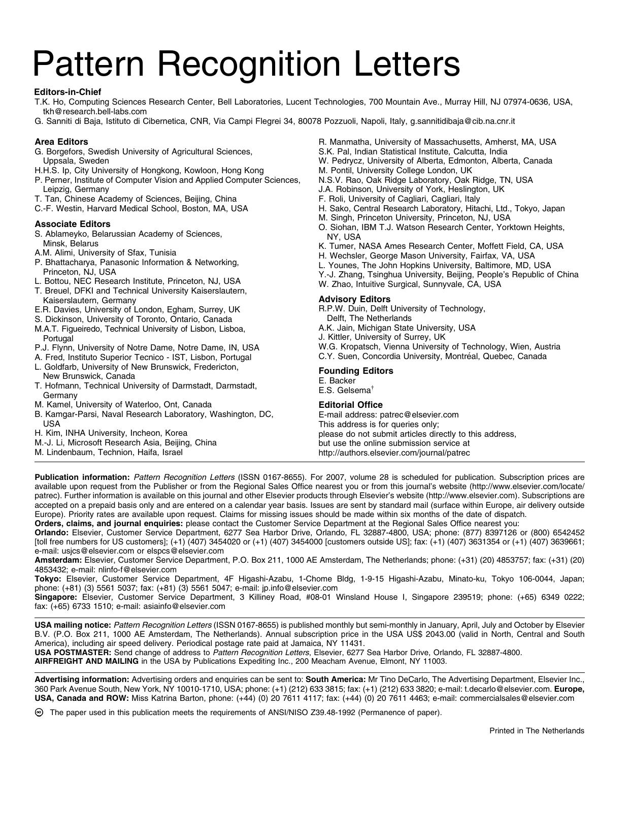 Pattern Recognition Letters, Vol. 28 No. 1 (2007) by Unknown