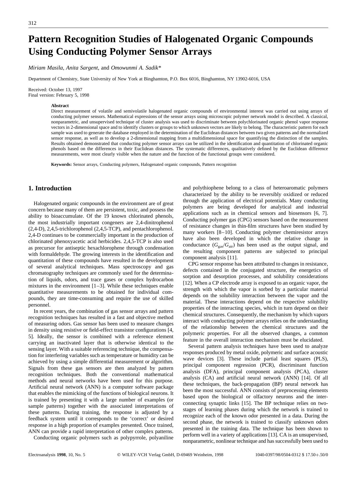 Pattern Recognition Studies of Halogenated Organic Compounds Using Conducting Polymer Sensor Arrays by Unknown