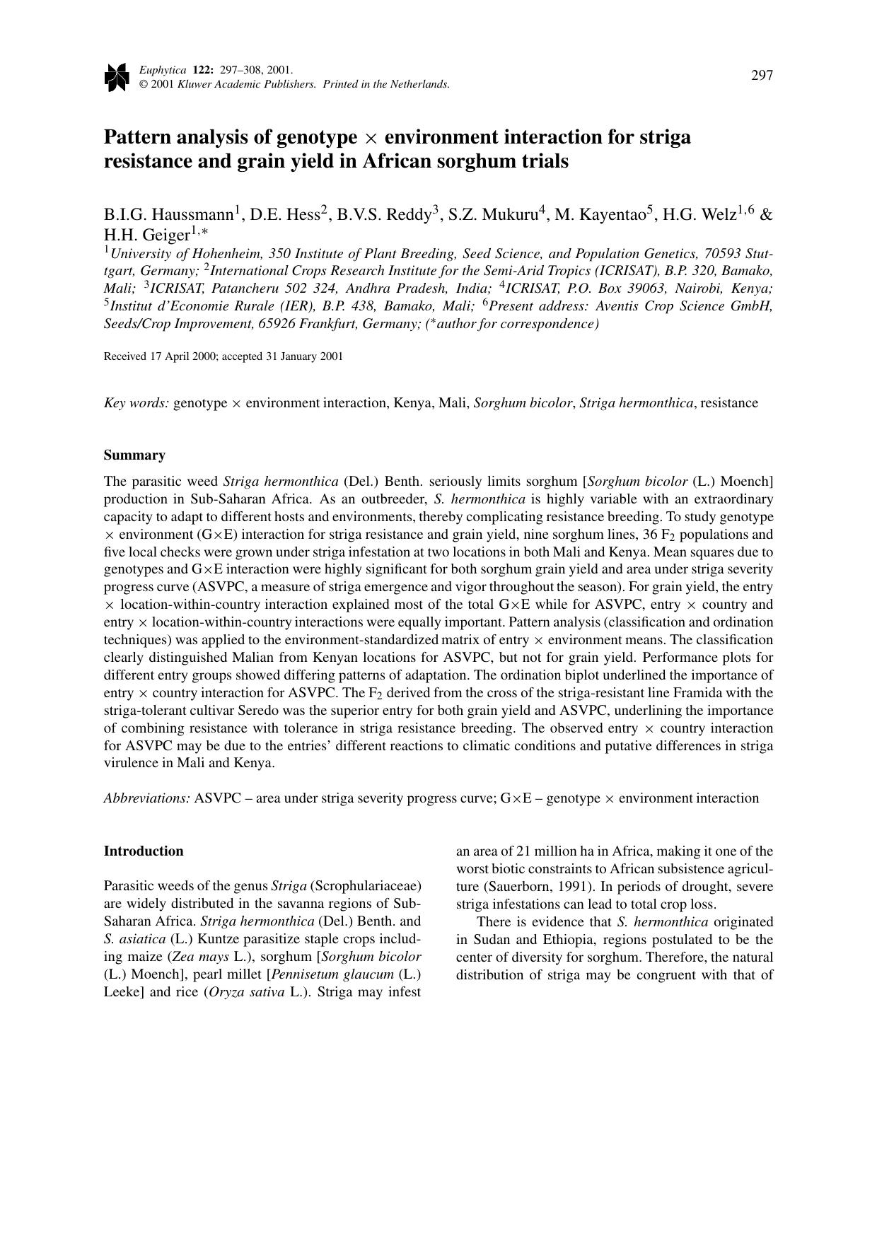 Pattern analysis of genotype × environment interaction for striga resistance and grain yield in African sorghum trials by Unknown