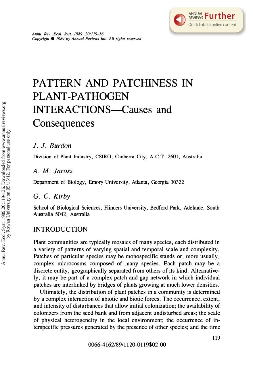 Pattern and Patchiness in Plant-Pathogen Interactions--Causes and Consequences by J J Burdon A M Jarosz and & G C Kirby