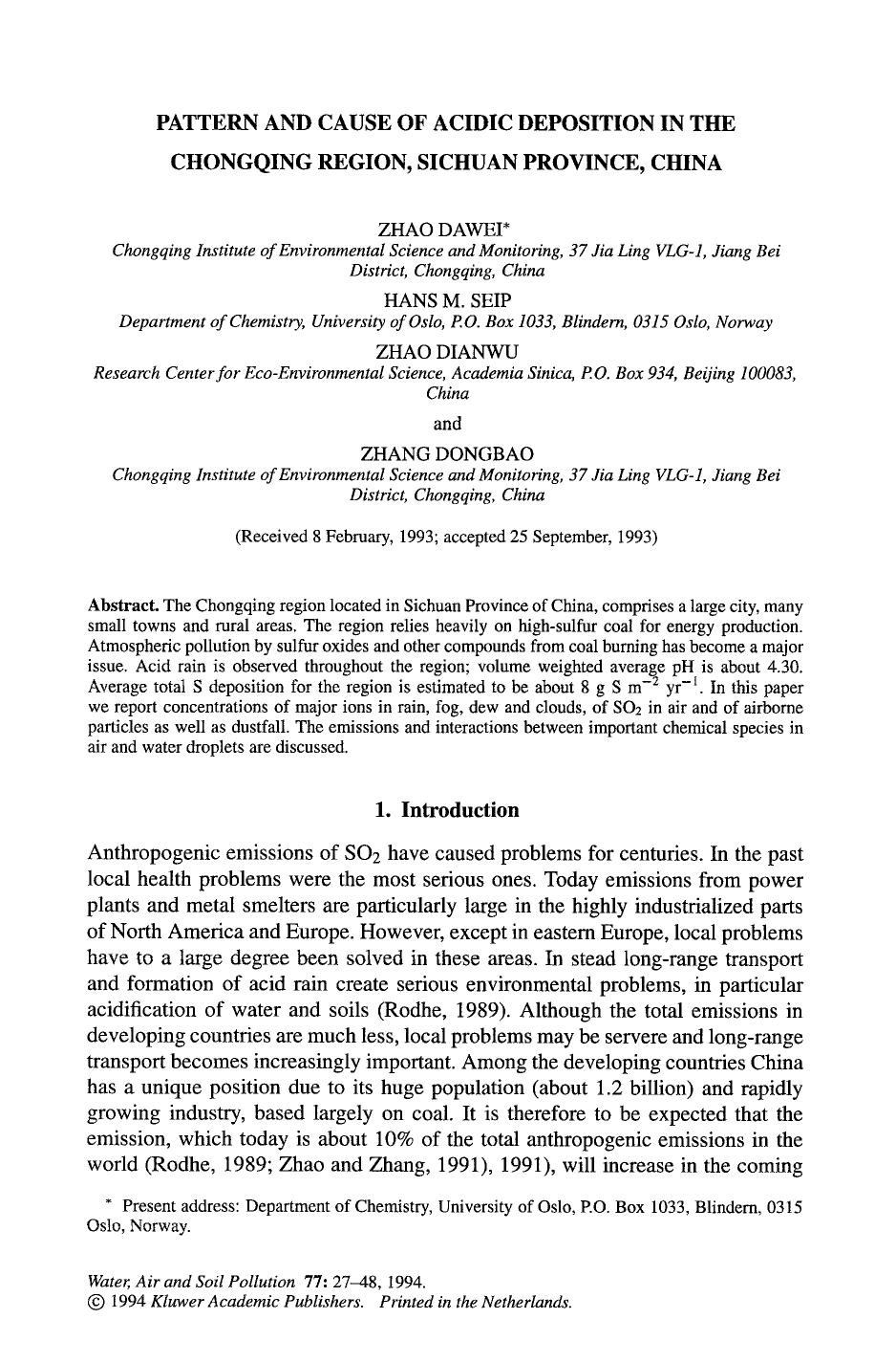 Pattern and cause of acidic deposition in the Chongqing region, Sichuan Province, China by Unknown