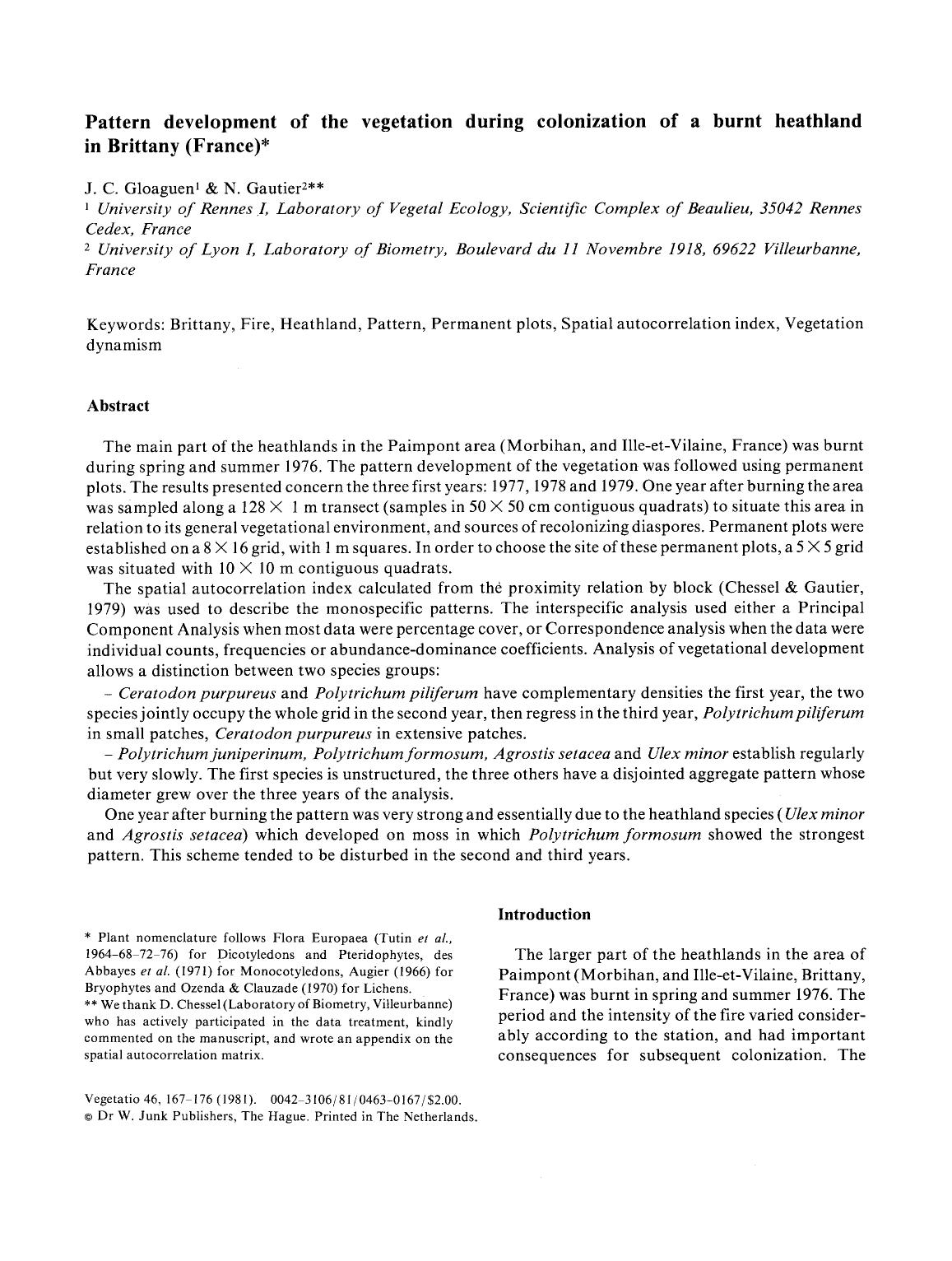Pattern development of the vegetation during colonization of a burnt heathland in Brittany (France) by Unknown
