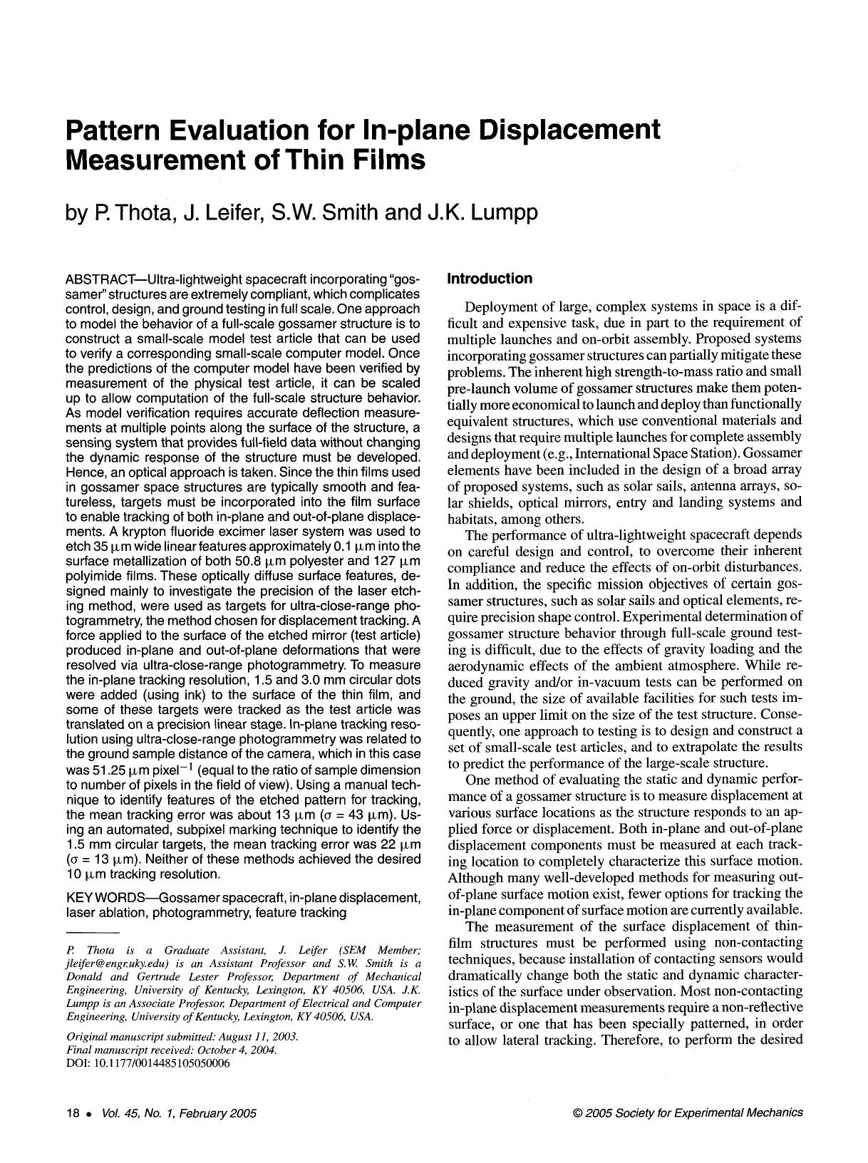 Pattern evaluation for in-plane displacement measurement of thin films by Unknown