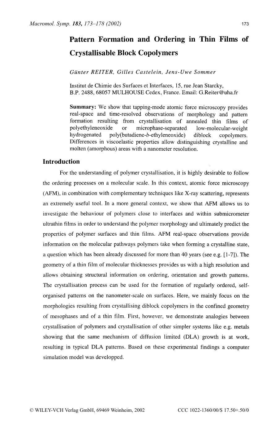 Pattern formation and ordering in thin films of crystallisable block copolymers by Unknown