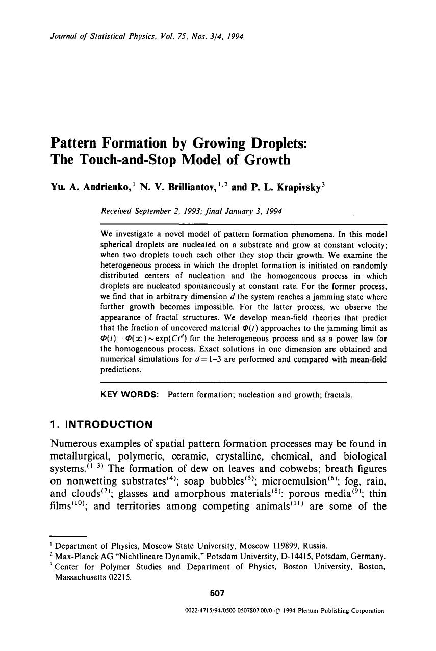 Pattern formation by growing droplets: The touch-and-stop model of growth by Unknown