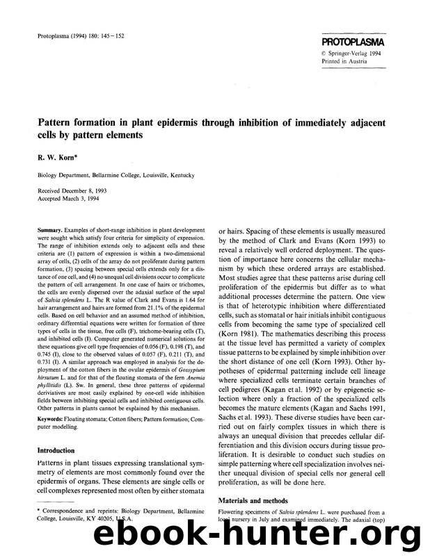 Pattern formation in plant epidermis through inhibition of immediately adjacent cells by pattern elements by Unknown