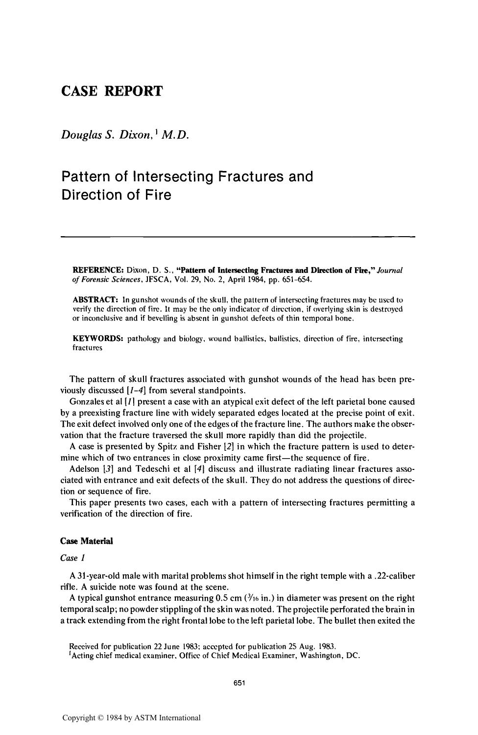 Pattern of Intersecting Fractures and Direction of Fire by Dixon DS