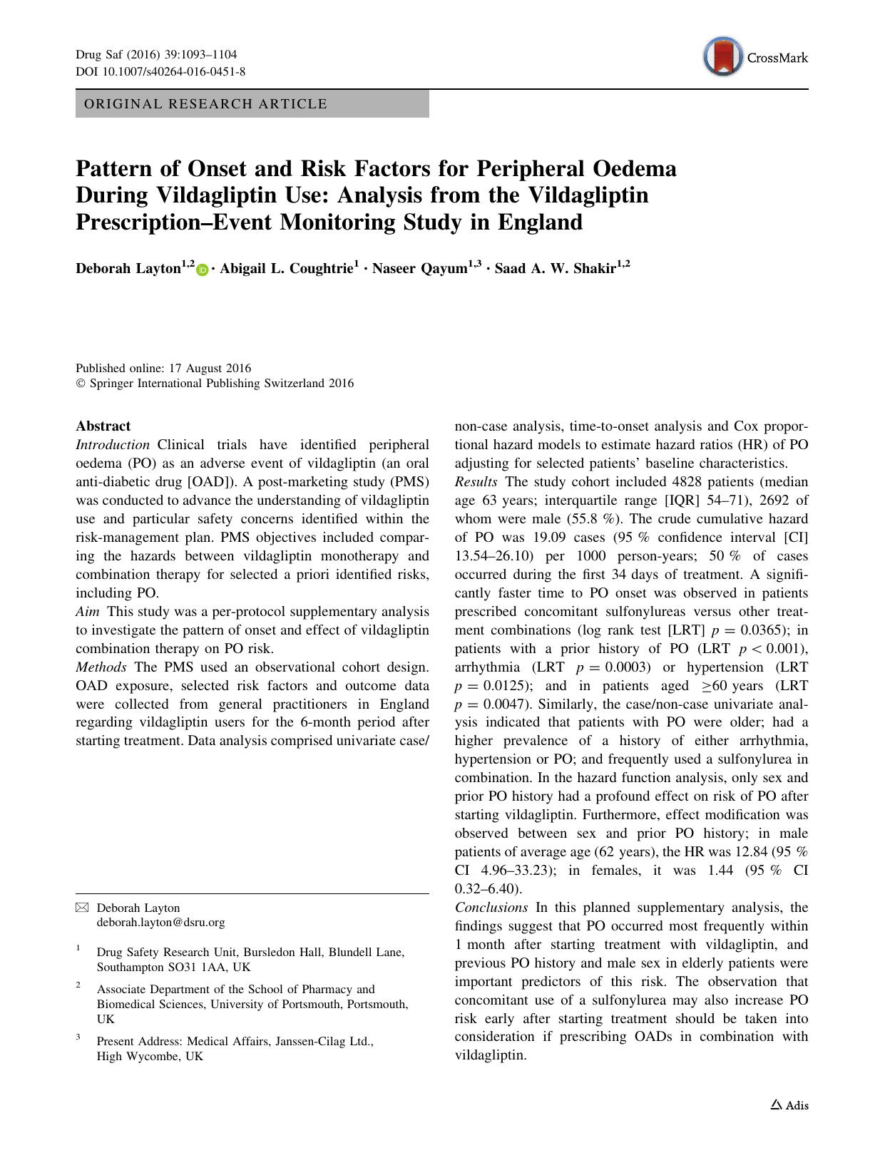 Pattern of Onset and Risk Factors for Peripheral Oedema During Vildagliptin Use: Analysis from the Vildagliptin PrescriptionâEvent Monitoring Study in England by Deborah Layton & Abigail L. Coughtrie & Naseer Qayum & Saad A. W. Shakir