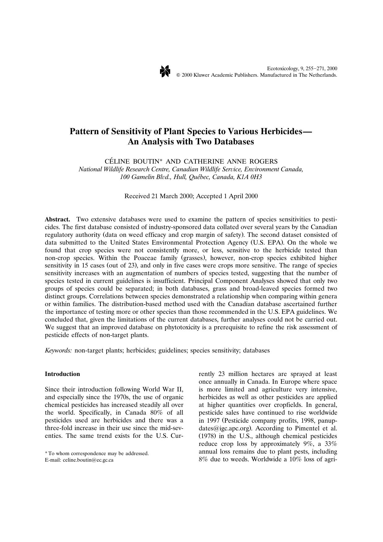 Pattern of Sensitivity of Plant Species to Various Herbicides—An Analysis with Two Databases by Unknown