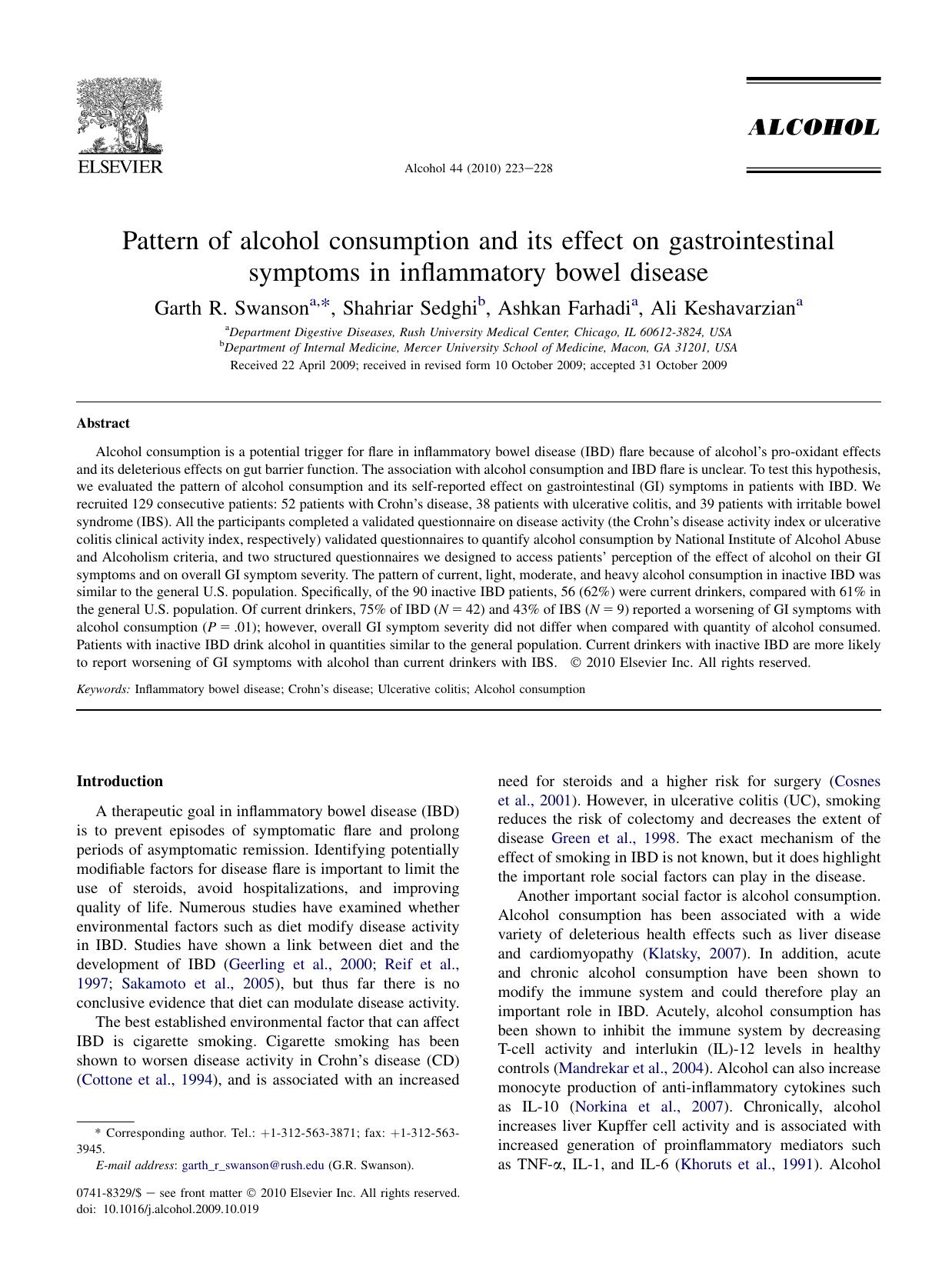 Pattern of alcohol consumption and its effect on gastrointestinal symptoms in inflammatory bowel disease by Garth R. Swanson & Shahriar Sedghi & Ashkan Farhadi & Ali Keshavarzian