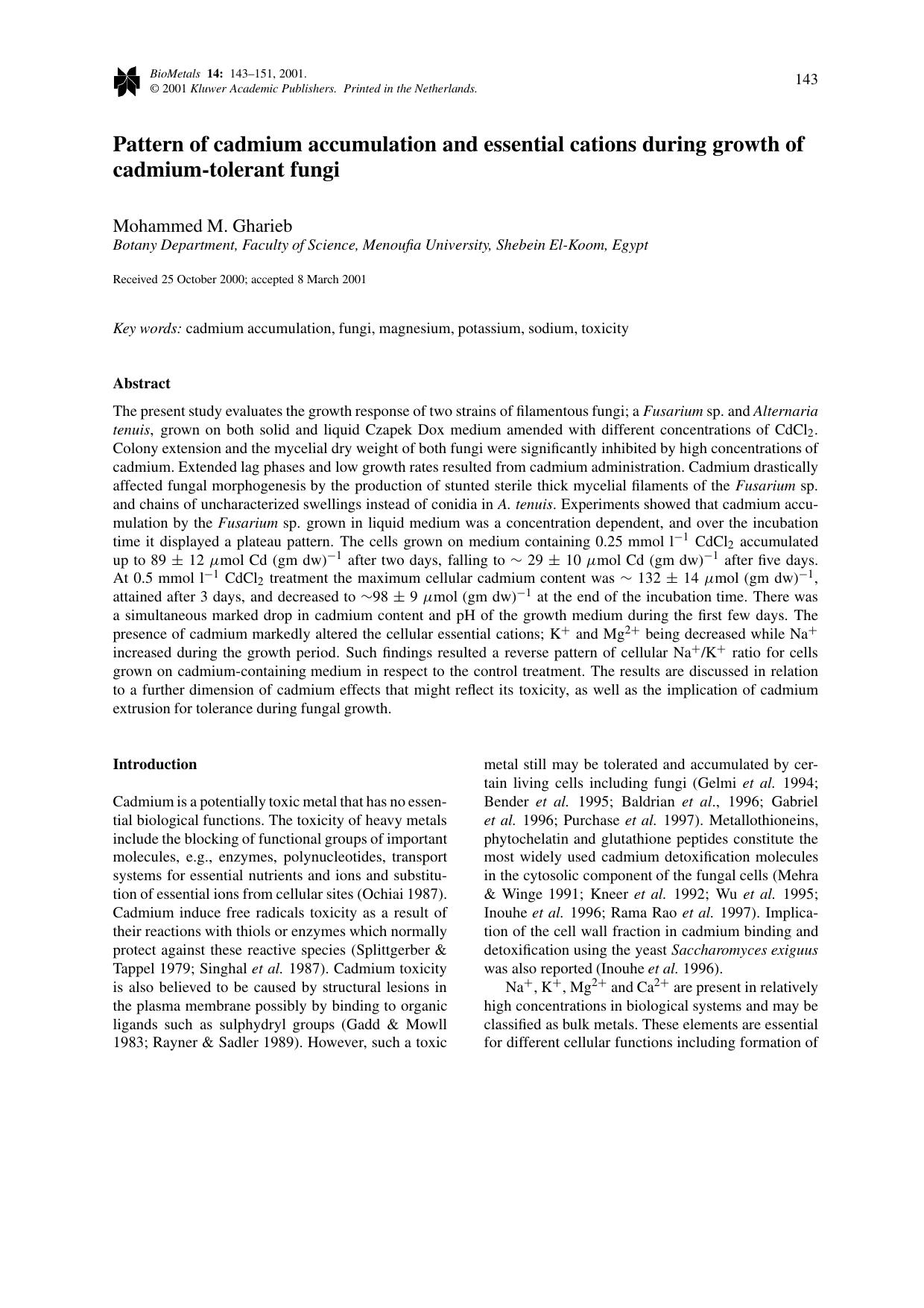 Pattern of cadmium accumulation and essential cations during growth of cadmium-tolerant fungi by Unknown