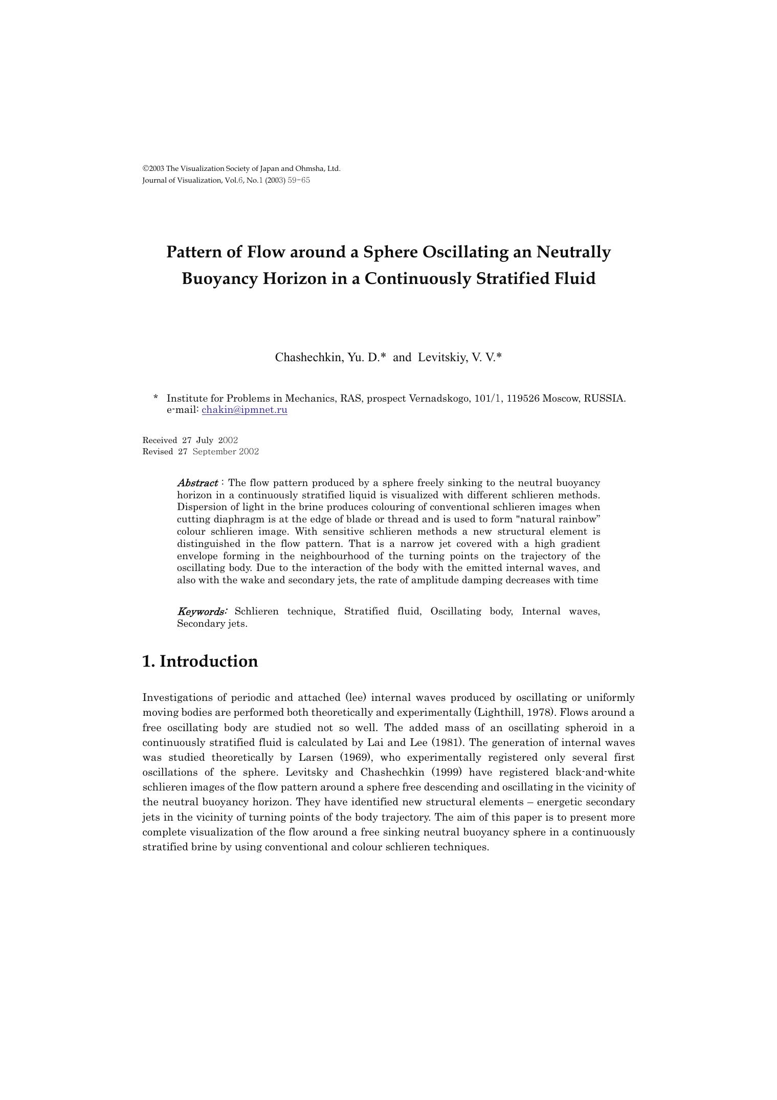 Pattern of flow around a sphere oscillating an neutrally buoyancy horizon in a continuously stratified fluid by Unknown
