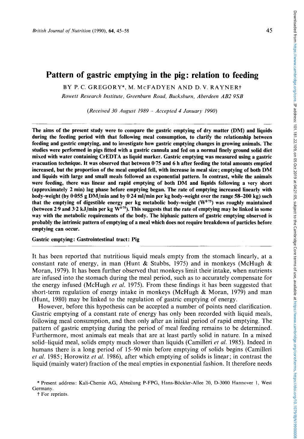Pattern of gastric emptying in the pig: Relation to feeding by P. C. Gregory M. Mcfadyen & D. V. Rayner
