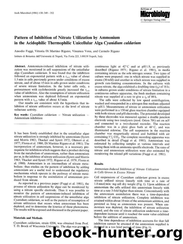 Pattern of inhibition of nitrate utilization by ammonium in the acidophilic thermophilic unicellular alga <Emphasis Type="Italic">Cyanidium caldarium<Emphasis> by Unknown