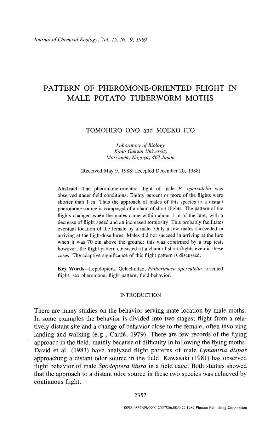 Pattern of pheromone-oriented flight in male potato tuberworm moths by Unknown