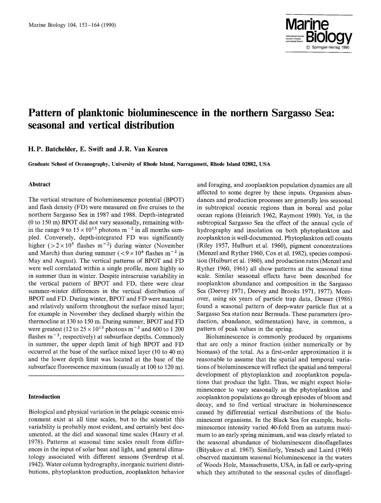 Pattern of planktonic bioluminescence in the northern Sargasso Sea: Seasonal and vertical distribution by Unknown