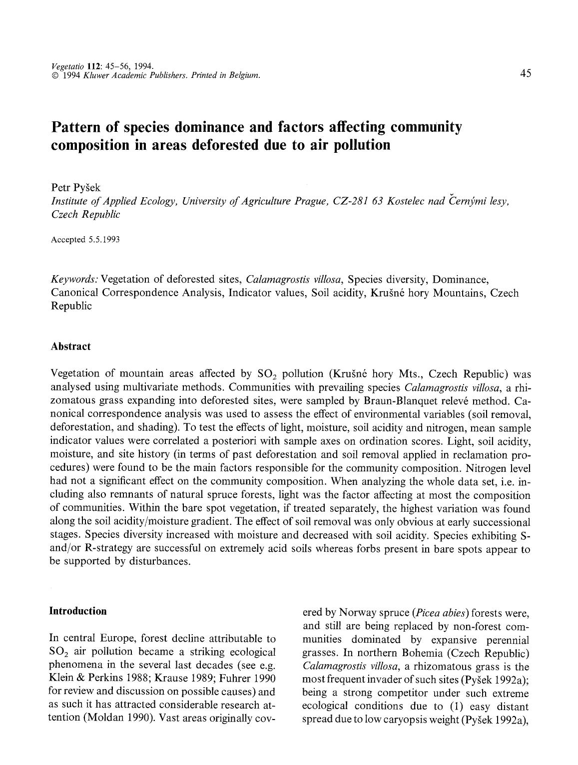 Pattern of species dominance and factors affecting community composition in areas deforested due to air pollution by Unknown