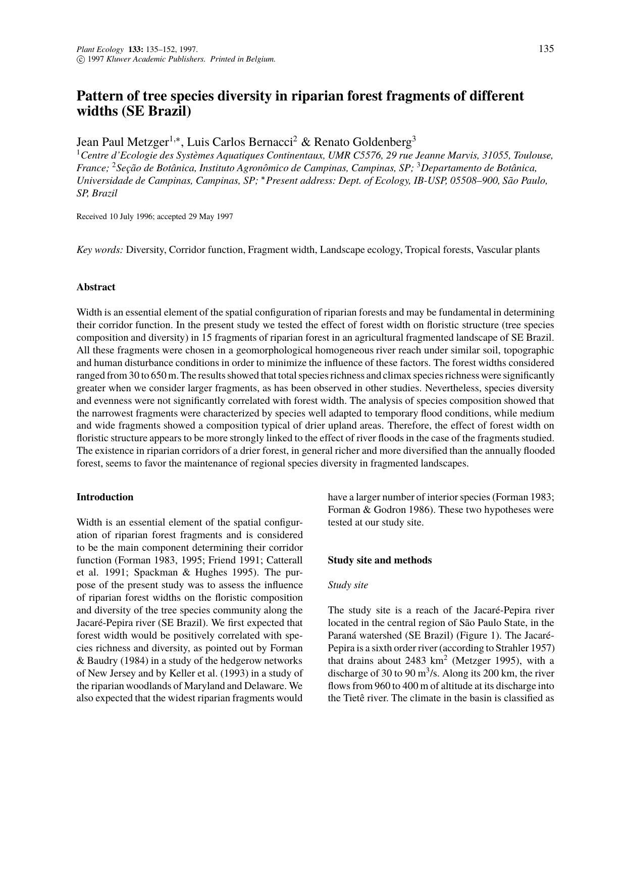 Pattern of tree species diversity in riparian forest fragments of different widths (SE Brazil) by Unknown