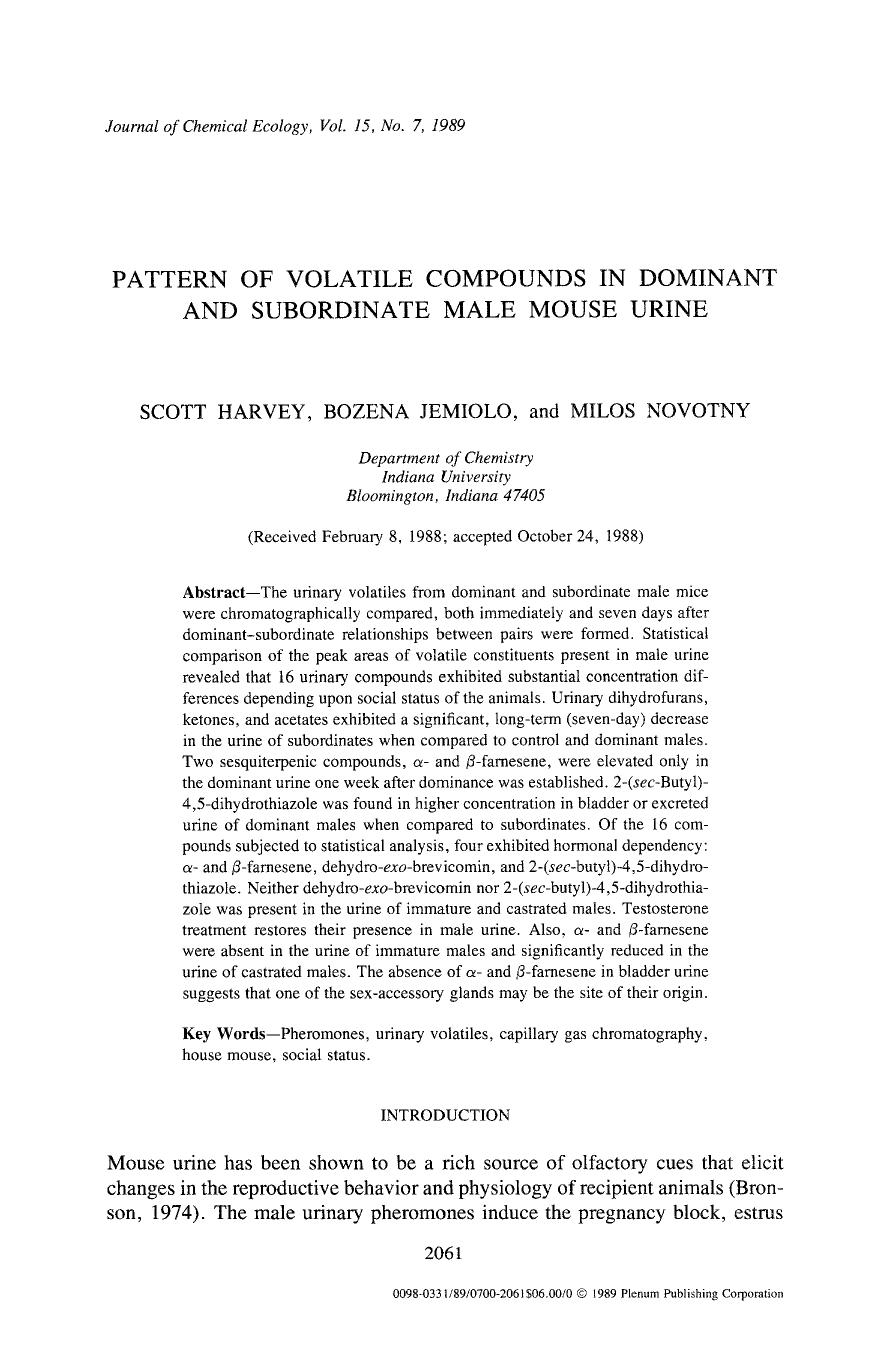 Pattern of volatile compounds in dominant and subordinate male mouse urine by Unknown