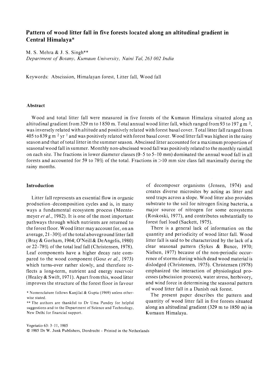 Pattern of wood litter fall in five forests located along an altitudinal gradient in Central Himalaya by Unknown
