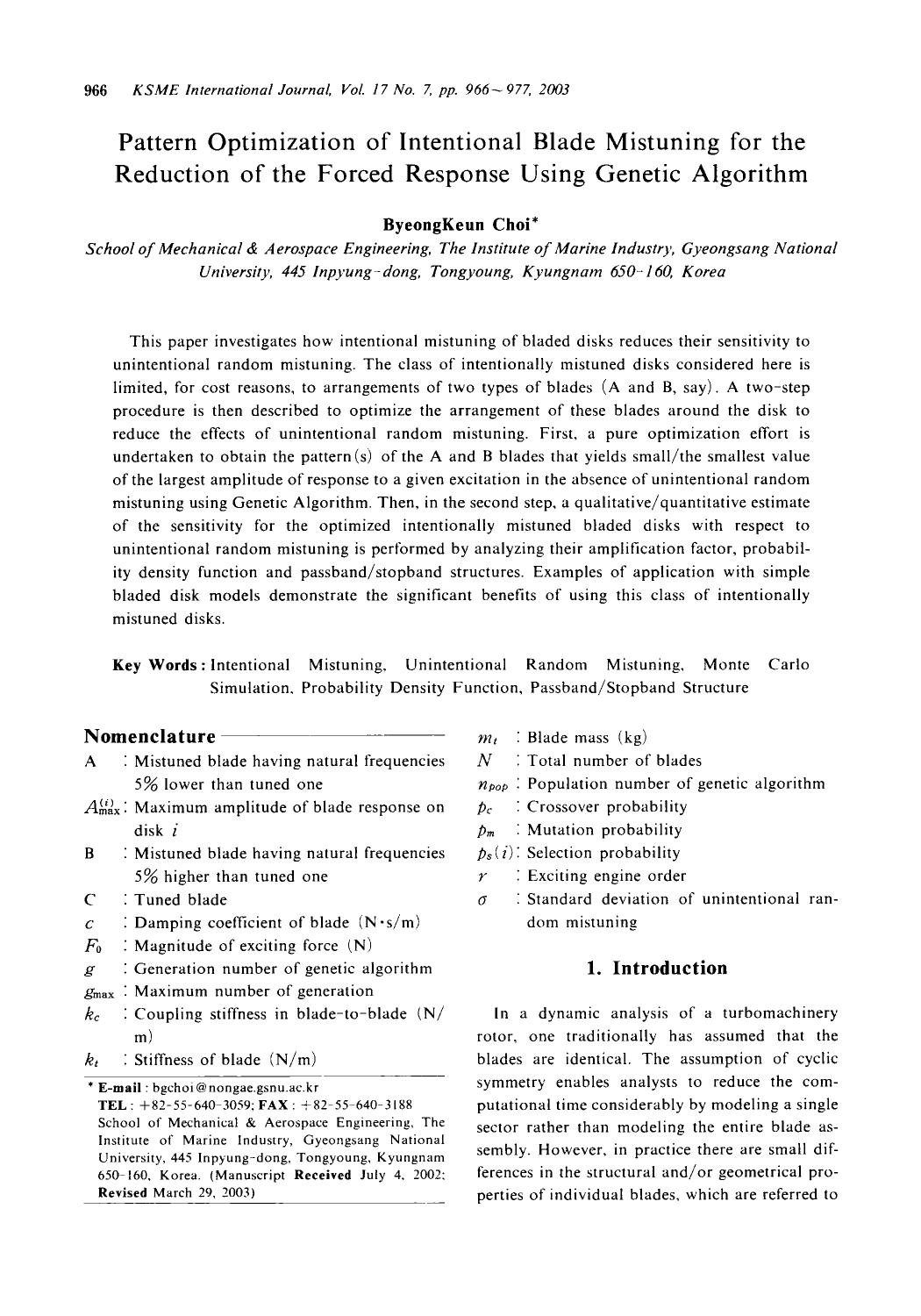 Pattern optimization of intentional blade mistuning for the reduction of the forced response using genetic algorithm by Unknown