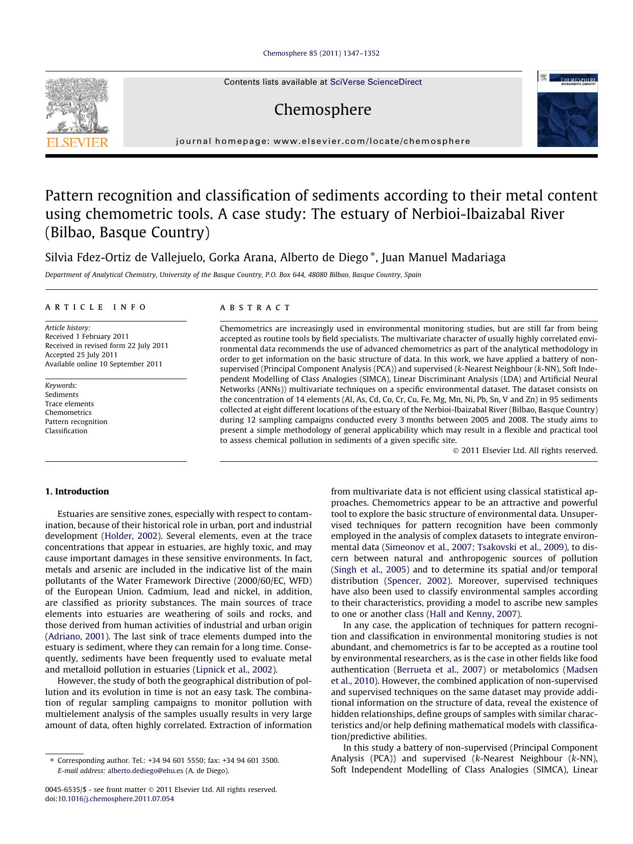 Pattern recognition and classification of sediments according to their metal content using chemometric tools. A case study: The estuary of Nerbioi-Ibaizabal River (Bilbao, Basque Country) by Silvia Fdez-Ortiz de Vallejuelo & Gorka Arana & Alberto de Diego & Juan Manuel Madariaga