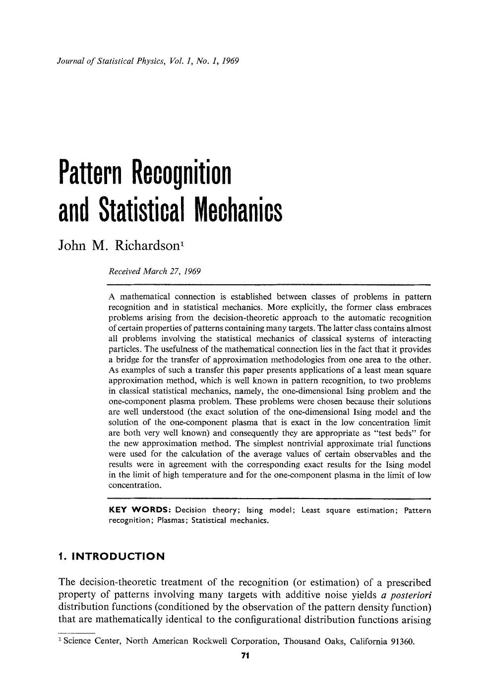 Pattern recognition and statistical mechanics by Unknown