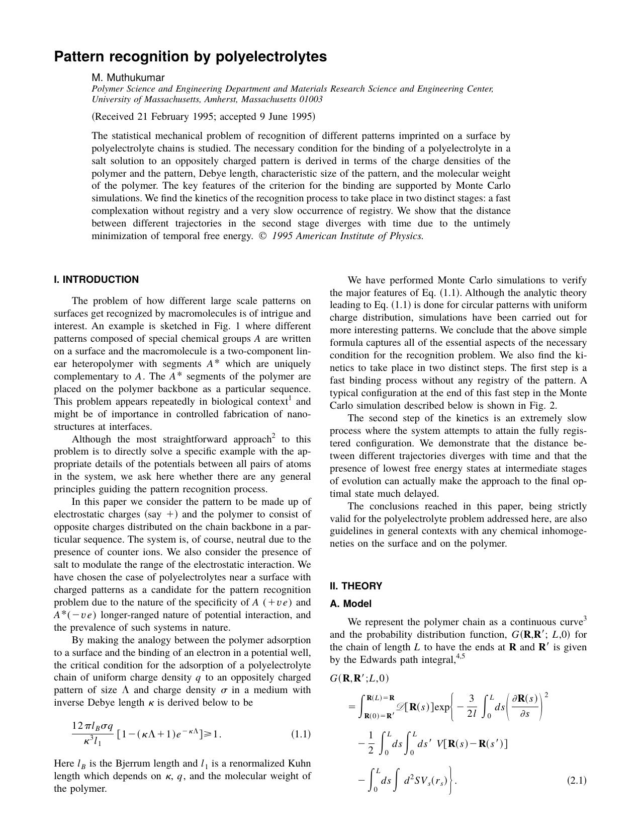 Pattern recognition by polyelectrolytes by M. Muthukumar