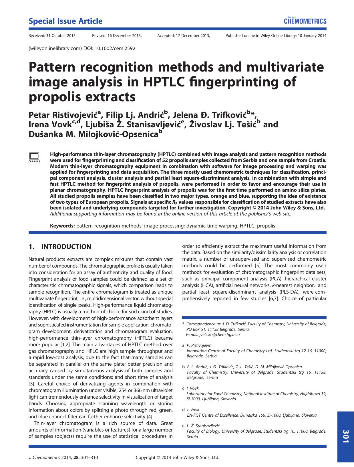 Pattern recognition methods and multivariate image analysis in HPTLC fingerprinting of propolis extracts by Unknown