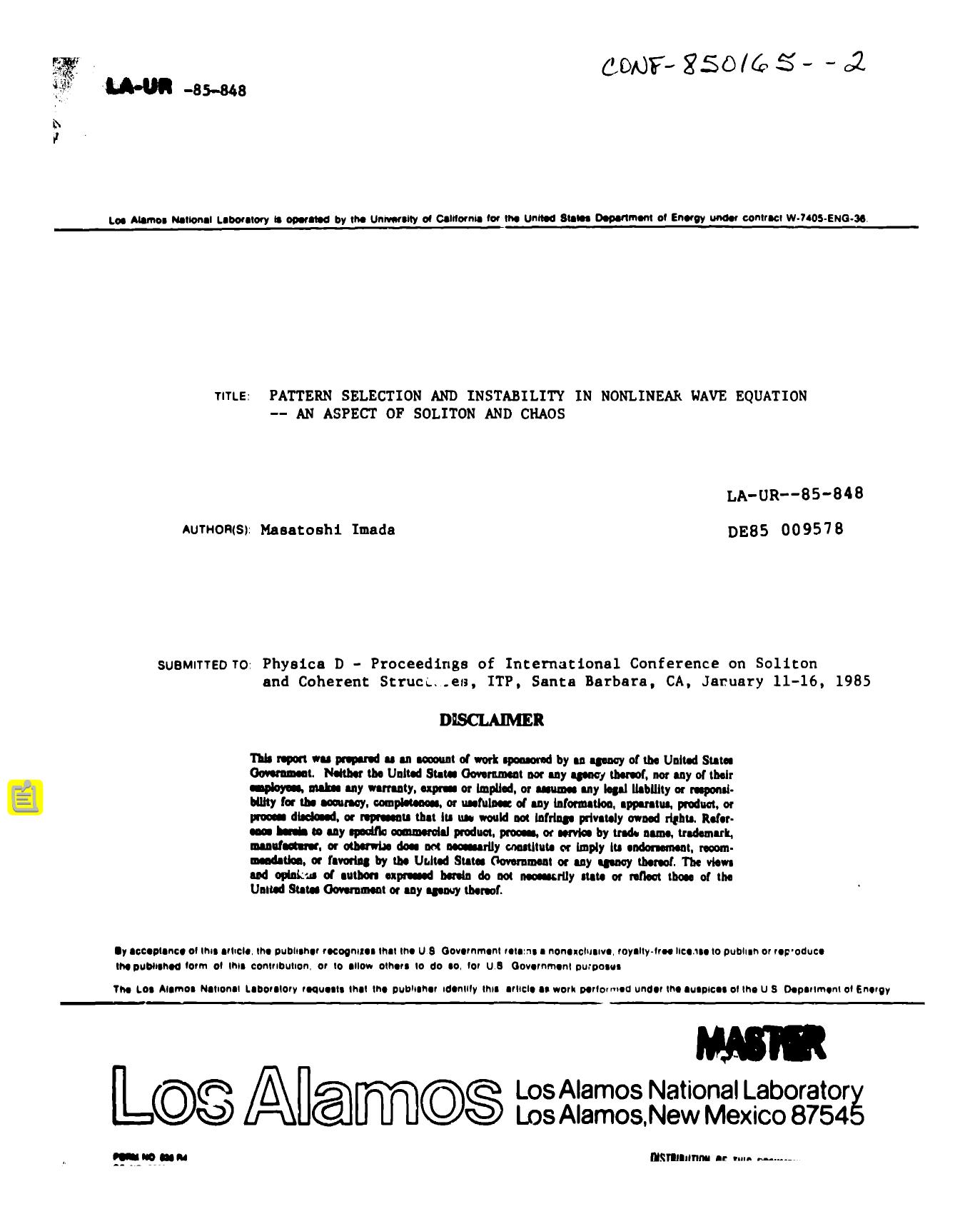 Pattern selection and instability in nonlinear wave equation : an aspect of soliton and chaos None by LANL Research Library LWW Project