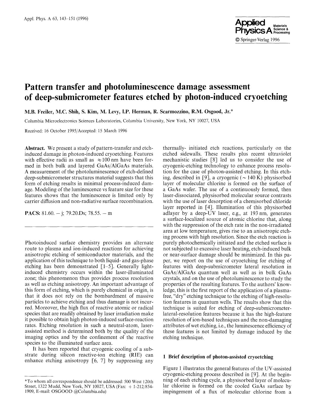 Pattern transfer and photoluminescence damage assessment of deep-submicrometer features etched by photon-induced cryoetching by Unknown