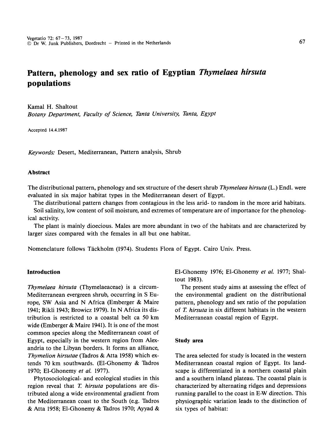 Pattern, phenology and sex ratio of Egyptian <Emphasis Type="Italic">Thymelaea hirsuta<Emphasis> populations by Unknown