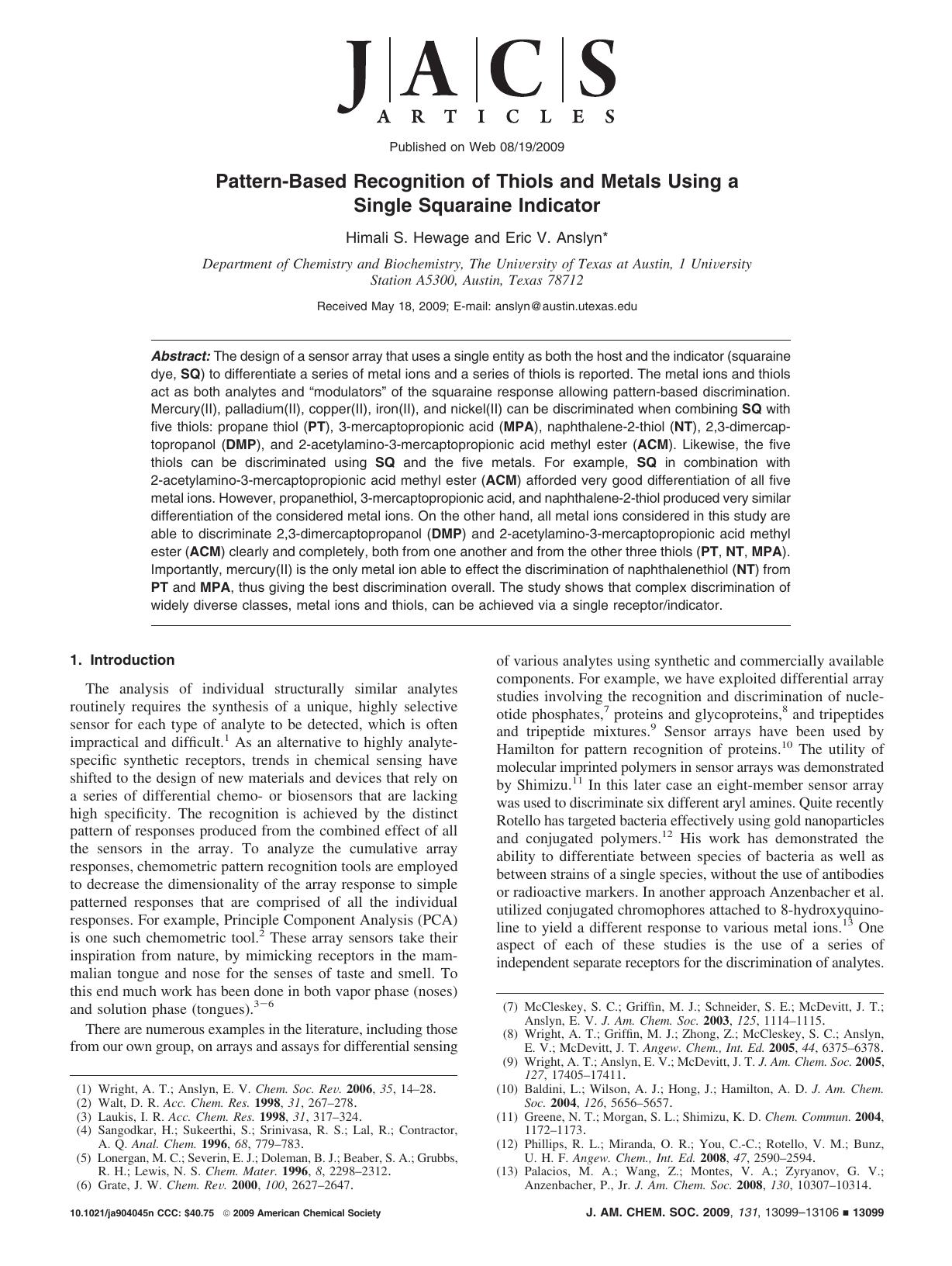 Pattern-Based Recognition of Thiols and Metals Using a Single Squaraine Indicator by Himali S. Hewage and Eric V. Anslyn*