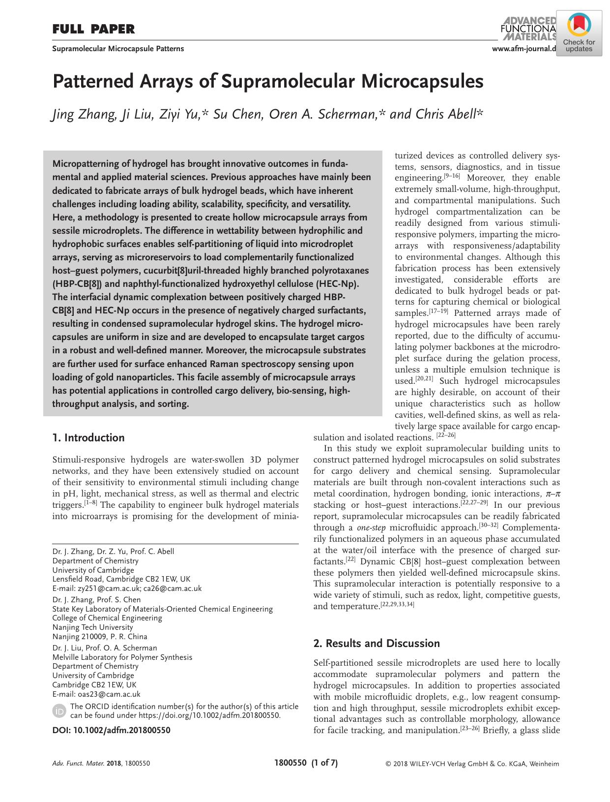 Patterned Arrays of Supramolecular Microcapsules by Unknown