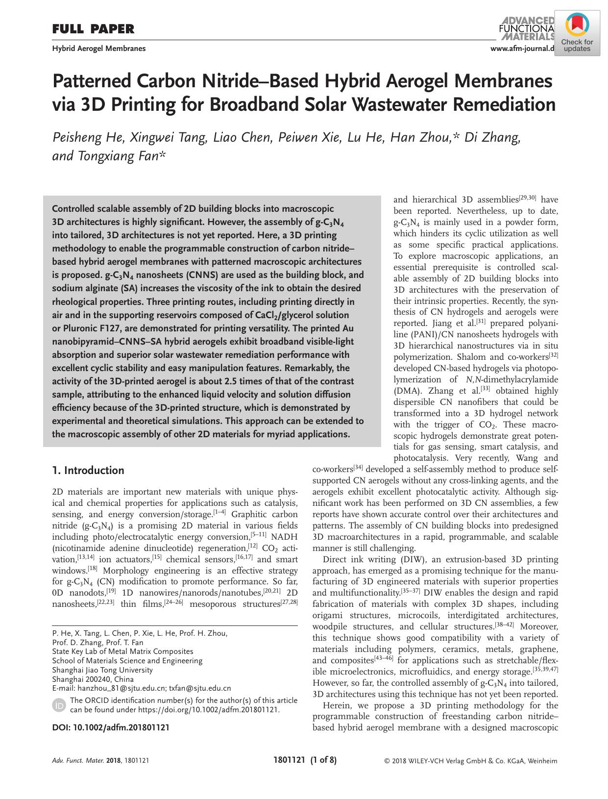 Patterned Carbon NitrideâBased Hybrid Aerogel Membranes via 3D Printing for Broadband Solar Wastewater Remediation by Unknown