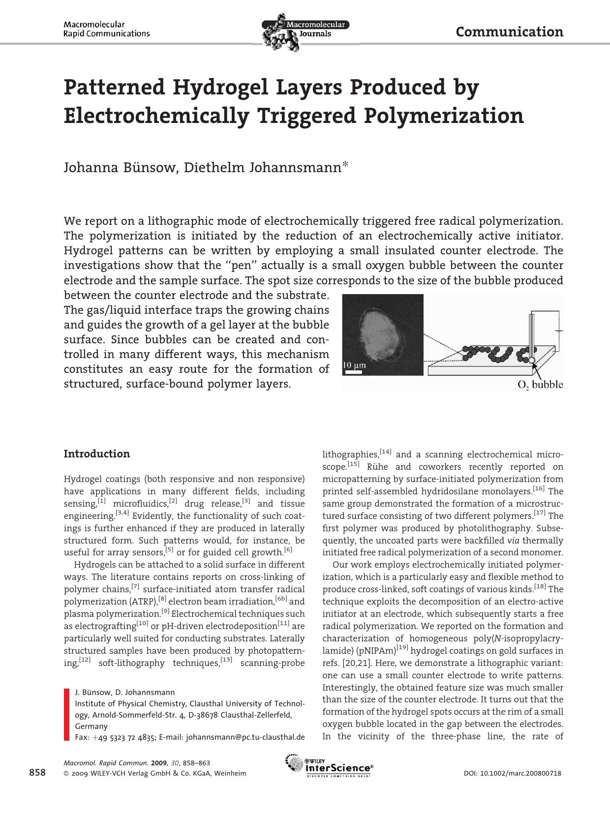 Patterned Hydrogel Layers Produced by Electrochemically Triggered Polymerization by Unknown