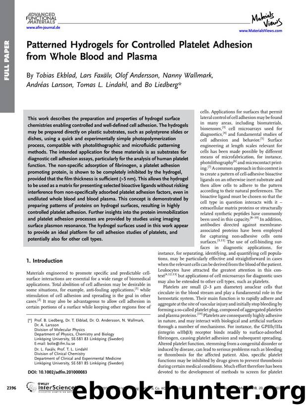 Patterned Hydrogels for Controlled Platelet Adhesion from Whole Blood and Plasma by Unknown