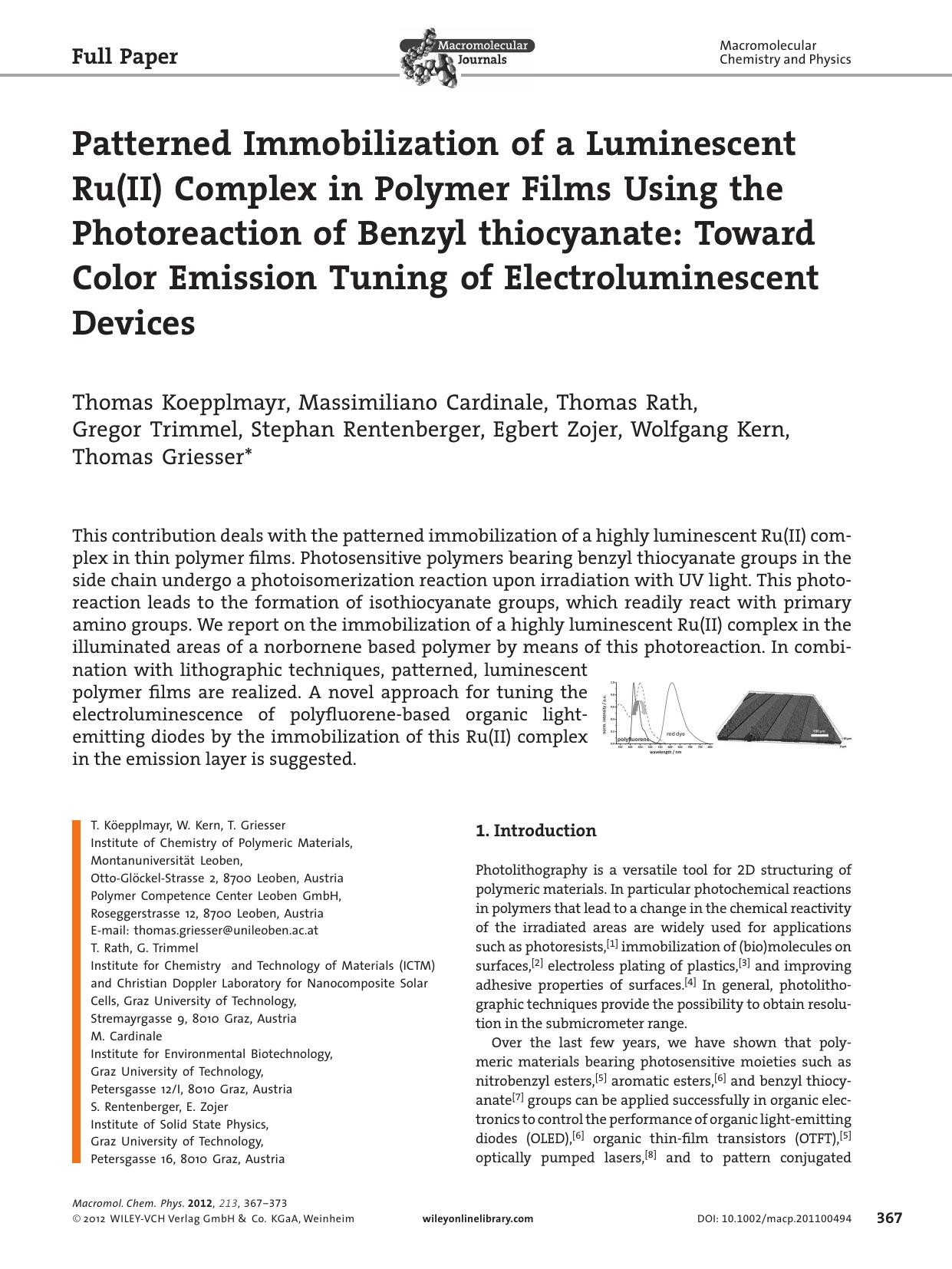 Patterned Immobilization of a Luminescent Ru(II) Complex in Polymer Films Using the Photoreaction of Benzyl thiocyanate: Toward Color Emission Tuning of Electroluminescent Devices by wcu