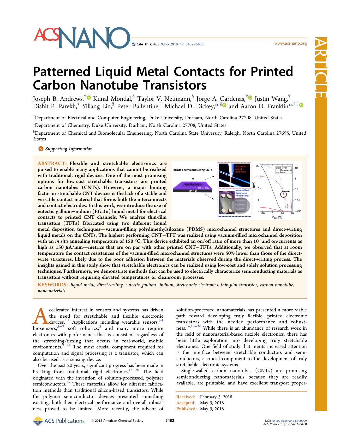 Patterned Liquid Metal Contacts for Printed Carbon Nanotube Transistors by unknow